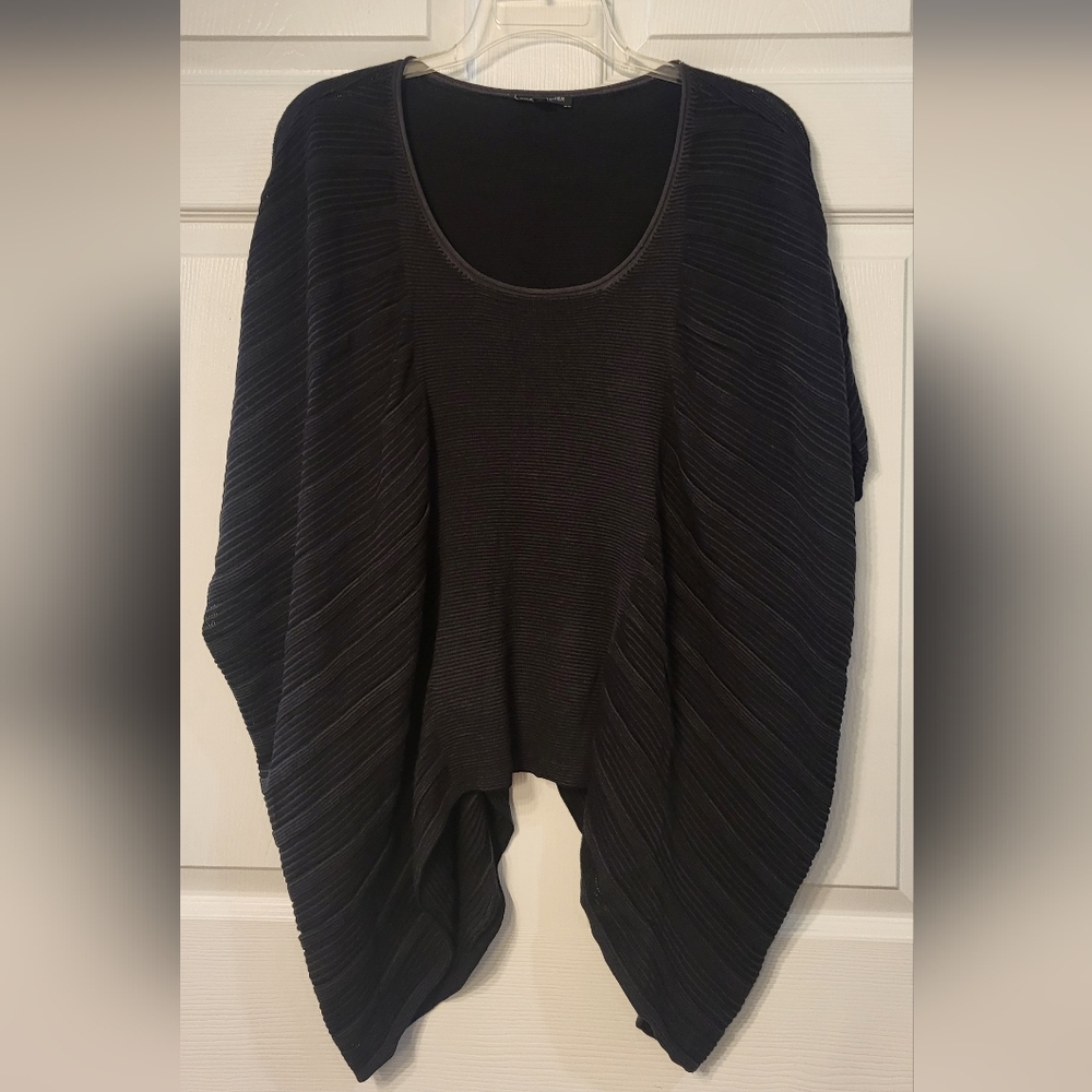 Eileen Fisher Scoop Neck Silk Blend Bateau Neck Black Ribbed Box Poncho XL